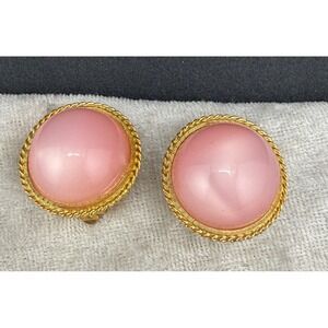 Vintage Marvella Clip On Earrings Pink Moonglow Gold Tone Signed